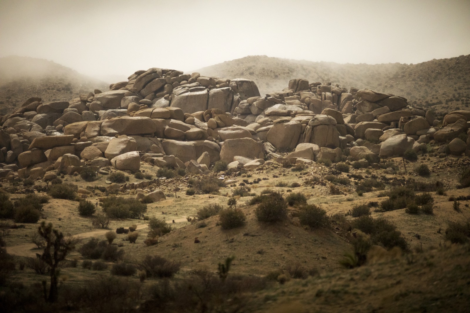 A wide basin of granite boulders in soft light, ranges fading behind